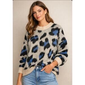 The Korner S/M Blue Animal Leopard Mohair Wool Blend Sweater Cozy Pullover Soft